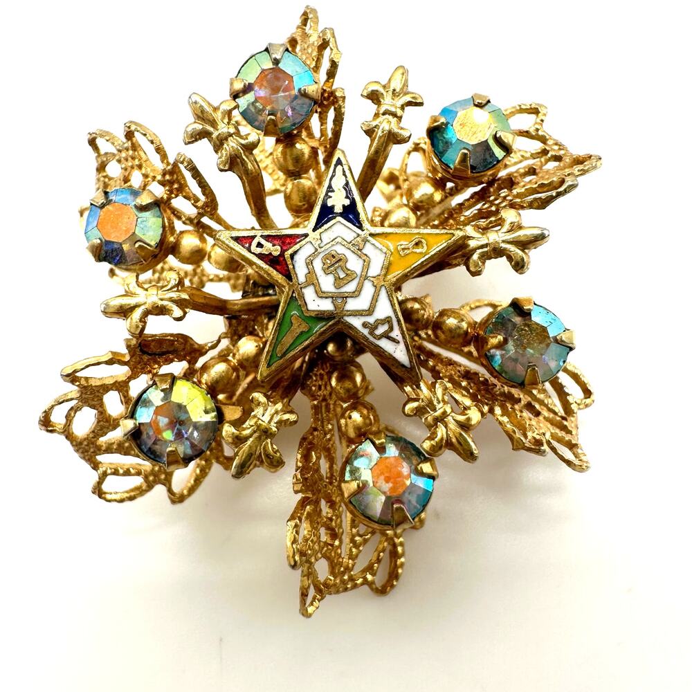 Order of the Eastern Star vintage gold tone enamel AB rhinestones brooch